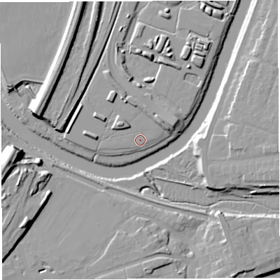 Shaded relief map of the ground around WA11BF, computed from Environment Agency LiDAR. The ground here sits at about 8 m above sea level and falls 16 m across the surrounding 800 m. The ground contributing surface water to this point lies to the north.