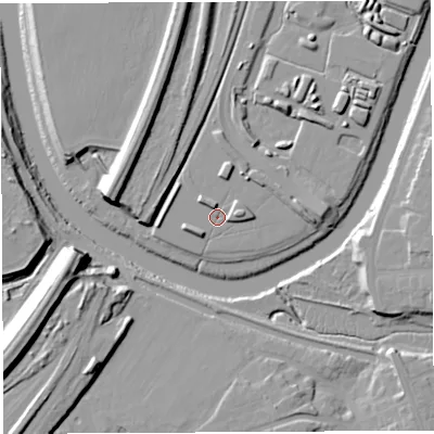 Shaded relief map of the ground around WA11BQ, computed from Environment Agency LiDAR. The ground here sits at about 8 m above sea level and falls 17 m across the surrounding 800 m. Surface water reaching this point runs off ground lying to the west-south-west, 3.0 m higher.