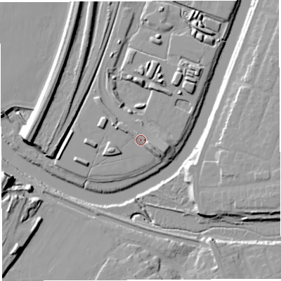 Shaded relief map of the ground around WA11EA, computed from Environment Agency LiDAR. The ground here sits at about 9 m above sea level and falls 16 m across the surrounding 800 m. Surface water reaching this point runs off ground lying to the west-south-west, 3.8 m higher.