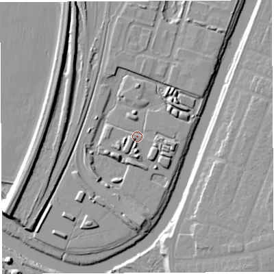 Shaded relief map of the ground around WA11EU, computed from Environment Agency LiDAR. The ground here sits at about 8 m above sea level and falls 15 m across the surrounding 800 m. Surface water reaching this point runs off ground lying to the south, 5.9 m higher.