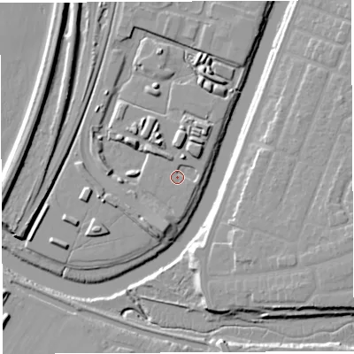 Shaded relief map of the ground around WA11GJ, computed from Environment Agency LiDAR. The ground here sits at about 8 m above sea level and falls 14 m across the surrounding 800 m. Surface water reaching this point runs off ground lying to the south, 1.3 m higher.
