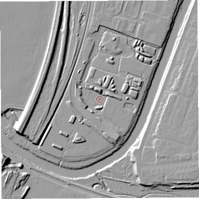 Shaded relief map of the ground around WA11GN, computed from Environment Agency LiDAR. The ground here sits at about 6 m above sea level and falls 16 m across the surrounding 800 m. Surface water reaching this point runs off ground lying to the east-north-east, 5.7 m higher.