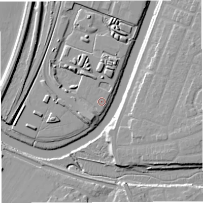 Shaded relief map of the ground around WA11HB, computed from Environment Agency LiDAR. The ground here sits at about 8 m above sea level and falls 14 m across the surrounding 800 m. The ground contributing surface water to this point lies to the north-north-west.