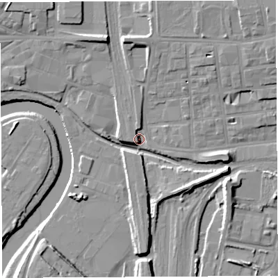 Shaded relief map of the ground around WA11LW, computed from Environment Agency LiDAR. The ground here sits at about 8 m above sea level and falls 13 m across the surrounding 800 m. Surface water reaching this point runs off ground lying to the north-east, 11.4 m higher.
