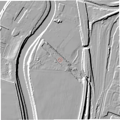 Shaded relief map of the ground around WA11NA, computed from Environment Agency LiDAR. The ground here sits at about 9 m above sea level and falls 12 m across the surrounding 800 m. Surface water reaching this point runs off ground lying to the west-north-west, 3.4 m higher.
