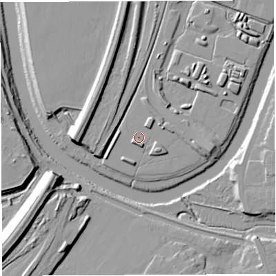 Shaded relief map of the ground around WA11NY, computed from Environment Agency LiDAR. The ground here sits at about 8 m above sea level and falls 17 m across the surrounding 800 m. Surface water reaching this point runs off ground lying to the south-west, 2.9 m higher.