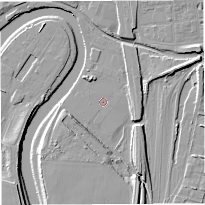 Shaded relief map of the ground around WA11PJ, computed from Environment Agency LiDAR. The ground here sits at about 7 m above sea level and falls 10 m across the surrounding 800 m. Surface water reaching this point runs off ground lying to the south-south-east, 7.3 m higher.