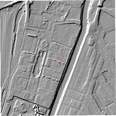 Shaded relief map of the ground around WA11PP, computed from Environment Agency LiDAR. The ground here sits at about 8 m above sea level and falls 11 m across the surrounding 800 m. Surface water reaching this point runs off ground lying to the north-north-east, 0.7 m higher.