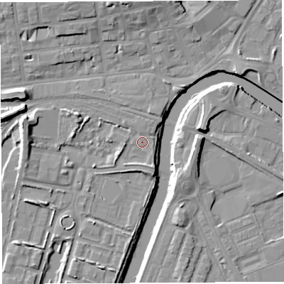 Shaded relief map of the ground around WA11PR, computed from Environment Agency LiDAR. The ground here sits at about 8 m above sea level and falls 11 m across the surrounding 800 m. Surface water reaching this point runs off ground lying to the east-north-east, 0.7 m higher.