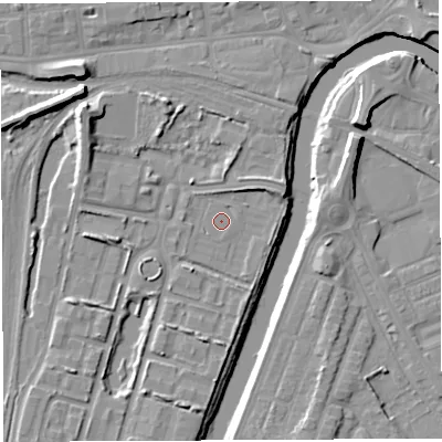 Shaded relief map of the ground around WA11QA, computed from Environment Agency LiDAR. The ground here sits at about 7 m above sea level and falls 11 m across the surrounding 800 m. Surface water reaching this point runs off ground lying to the north-west, 7.6 m higher.