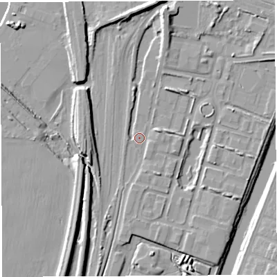 Shaded relief map of the ground around WA11QL, computed from Environment Agency LiDAR. The ground here sits at about 7 m above sea level and falls 12 m across the surrounding 800 m. Surface water reaching this point runs off ground lying to the east-north-east, 3.7 m higher.