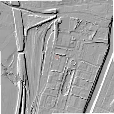 Shaded relief map of the ground around WA11QY, computed from Environment Agency LiDAR. The ground here sits at about 7 m above sea level and falls 11 m across the surrounding 800 m. Surface water reaching this point runs off ground lying to the north, 7.6 m higher.
