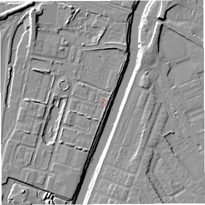 Shaded relief map of the ground around WA11RR, computed from Environment Agency LiDAR. The ground here sits at about 8 m above sea level and falls 11 m across the surrounding 800 m. Surface water reaching this point runs off ground lying to the south-west, 2.2 m higher.