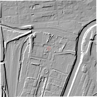 Shaded relief map of the ground around WA11RU, computed from Environment Agency LiDAR. The ground here sits at about 7 m above sea level and falls 11 m across the surrounding 800 m. Surface water reaching this point runs off ground lying to the north-west, 6.3 m higher.