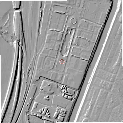 Shaded relief map of the ground around WA11RW, computed from Environment Agency LiDAR. The ground here sits at about 8 m above sea level and falls 13 m across the surrounding 800 m. Surface water reaching this point runs off ground lying to the north-north-east, 0.8 m higher.