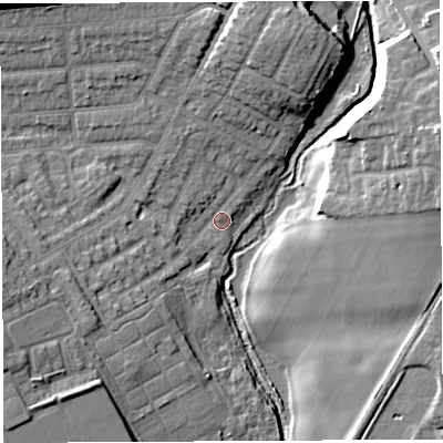 Shaded relief map of the ground around WA128PS, computed from Environment Agency LiDAR. The ground here sits at about 18 m above sea level and falls 17 m across the surrounding 800 m. Surface water reaching this point runs off ground lying to the north-west, 14.1 m higher.