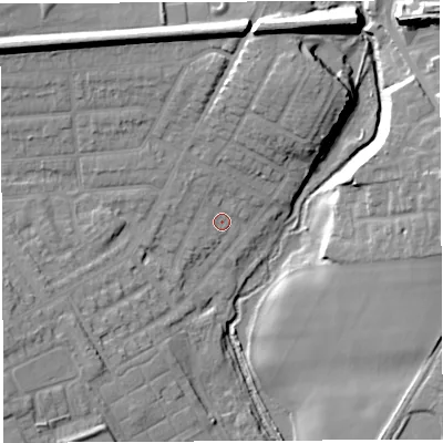 Shaded relief map of the ground around WA128PT, computed from Environment Agency LiDAR. The ground here sits at about 19 m above sea level and falls 18 m across the surrounding 800 m. Surface water reaching this point runs off ground lying to the north-west, 2.8 m higher.