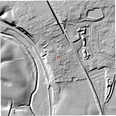 Shaded relief map of the ground around WA128SP, computed from Environment Agency LiDAR. The ground here sits at about 23 m above sea level and falls 23 m across the surrounding 800 m. Surface water reaching this point runs off ground lying to the north-west, 2.6 m higher.