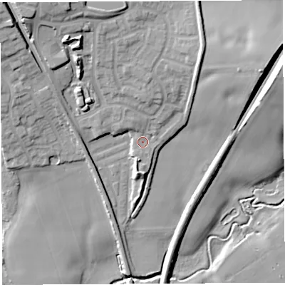Shaded relief map of the ground around WA128TE, computed from Environment Agency LiDAR. The ground here sits at about 19 m above sea level and falls 21 m across the surrounding 800 m. Surface water reaching this point runs off ground lying to the south, 4.4 m higher.