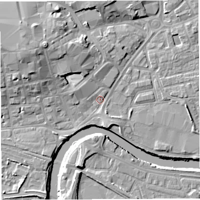 Shaded relief map of the ground around WA12AY, computed from Environment Agency LiDAR. The ground here sits at about 8 m above sea level and falls 13 m across the surrounding 800 m. Surface water reaching this point runs off ground lying to the north-north-west, 4.2 m higher.
