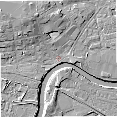 Shaded relief map of the ground around WA12AZ, computed from Environment Agency LiDAR. The ground here sits at about 8 m above sea level and falls 13 m across the surrounding 800 m. Surface water reaching this point runs off ground lying to the north-north-west, 9.4 m higher.