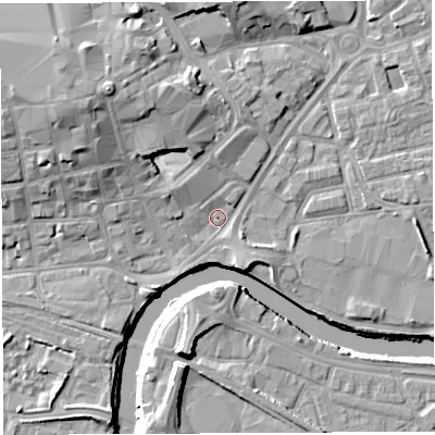 Shaded relief map of the ground around WA12BA, computed from Environment Agency LiDAR. The ground here sits at about 8 m above sea level and falls 13 m across the surrounding 800 m. Surface water reaching this point runs off ground lying to the north-west, 9.4 m higher.