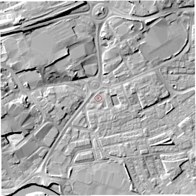 Shaded relief map of the ground around WA12BE, computed from Environment Agency LiDAR. The ground here sits at about 8 m above sea level and falls 16 m across the surrounding 800 m. Surface water reaching this point runs off ground lying to the north-west, 11.2 m higher.