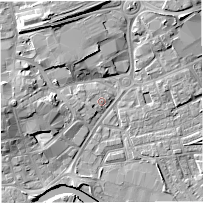 Shaded relief map of the ground around WA12BH, computed from Environment Agency LiDAR. The ground here sits at about 9 m above sea level and falls 15 m across the surrounding 800 m. Surface water reaching this point runs off ground lying to the west-south-west, 1.9 m higher.