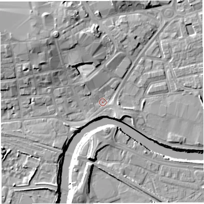 Shaded relief map of the ground around WA12BL, computed from Environment Agency LiDAR. The ground here sits at about 7 m above sea level and falls 13 m across the surrounding 800 m. Surface water reaching this point runs off ground lying to the north-west, 9.4 m higher.