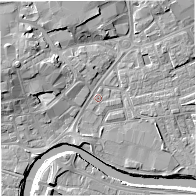 Shaded relief map of the ground around WA12BN, computed from Environment Agency LiDAR. The ground here sits at about 8 m above sea level and falls 13 m across the surrounding 800 m. Surface water reaching this point runs off ground lying to the east-south-east, 0.7 m higher.