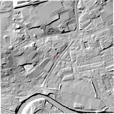 Shaded relief map of the ground around WA12BP, computed from Environment Agency LiDAR. The ground here sits at about 8 m above sea level and falls 15 m across the surrounding 800 m. Surface water reaching this point runs off ground lying to the west, 6.0 m higher.