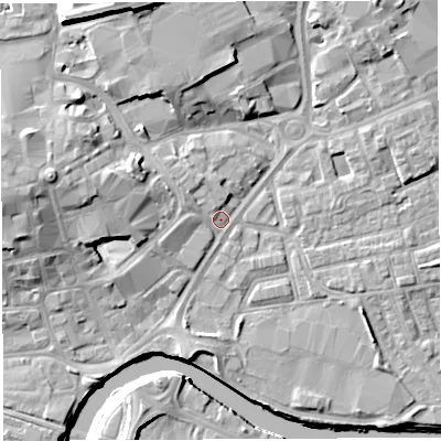 Shaded relief map of the ground around WA12BQ, computed from Environment Agency LiDAR. The ground here sits at about 8 m above sea level and falls 15 m across the surrounding 800 m. Surface water reaching this point runs off ground lying to the west-north-west, 5.4 m higher.