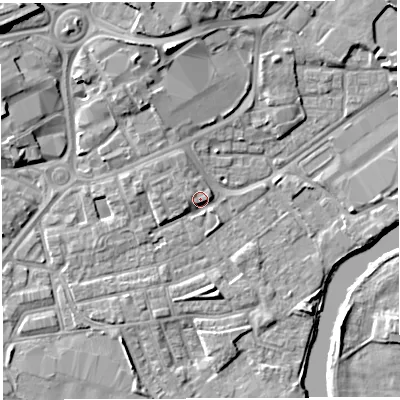 Shaded relief map of the ground around WA12BS, computed from Environment Agency LiDAR. The ground here sits at about 9 m above sea level and falls 14 m across the surrounding 800 m. Surface water reaching this point runs off ground lying to the west, 2.2 m higher.