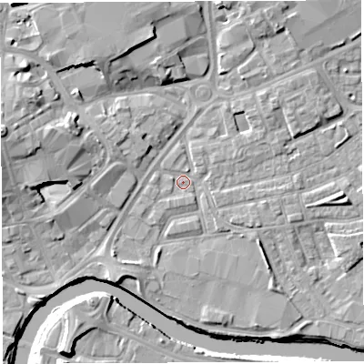 Shaded relief map of the ground around WA12BW, computed from Environment Agency LiDAR. The ground here sits at about 8 m above sea level and falls 15 m across the surrounding 800 m. Surface water reaching this point runs off ground lying to the south-east, 2.8 m higher.