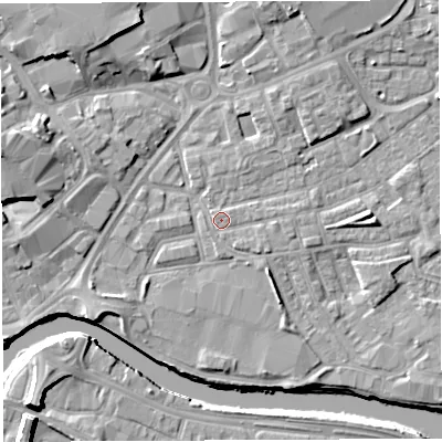 Shaded relief map of the ground around WA12BX, computed from Environment Agency LiDAR. The ground here sits at about 8 m above sea level and falls 11 m across the surrounding 800 m. Surface water reaching this point runs off ground lying to the east-south-east, 1.1 m higher.