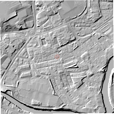 Shaded relief map of the ground around WA12DA, computed from Environment Agency LiDAR. The ground here sits at about 8 m above sea level and falls 10 m across the surrounding 800 m. Surface water reaching this point runs off ground lying to the north-west, 6.3 m higher.