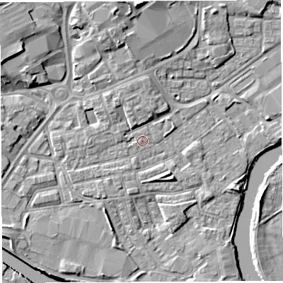 Shaded relief map of the ground around WA12DB, computed from Environment Agency LiDAR. The ground here sits at about 8 m above sea level and falls 11 m across the surrounding 800 m. Surface water reaching this point runs off ground lying to the south-south-west, 0.8 m higher.