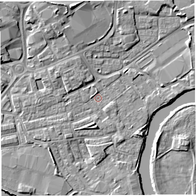 Shaded relief map of the ground around WA12DD, computed from Environment Agency LiDAR. The ground here sits at about 8 m above sea level and falls 11 m across the surrounding 800 m. Surface water reaching this point runs off ground lying to the north-west, 2.6 m higher.