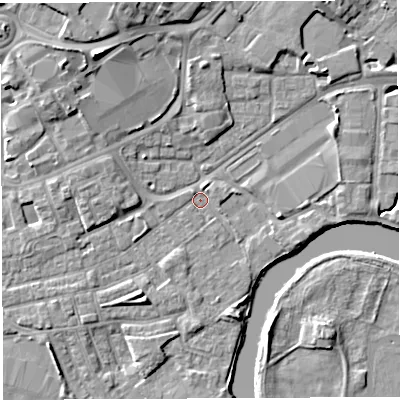 Shaded relief map of the ground around WA12DE, computed from Environment Agency LiDAR. The ground here sits at about 8 m above sea level and falls 9 m across the surrounding 800 m. Surface water reaching this point runs off ground lying to the west-north-west, 2.8 m higher.