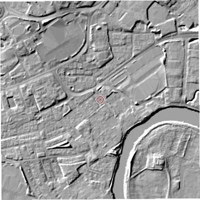 Shaded relief map of the ground around WA12DF, computed from Environment Agency LiDAR. The ground here sits at about 8 m above sea level and falls 9 m across the surrounding 800 m. Surface water reaching this point runs off ground lying to the west-north-west, 2.8 m higher.