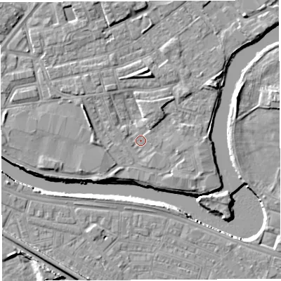 Shaded relief map of the ground around WA12DG, computed from Environment Agency LiDAR. The ground here sits at about 7 m above sea level and falls 8 m across the surrounding 800 m. Surface water reaching this point runs off ground lying to the north, 3.2 m higher.