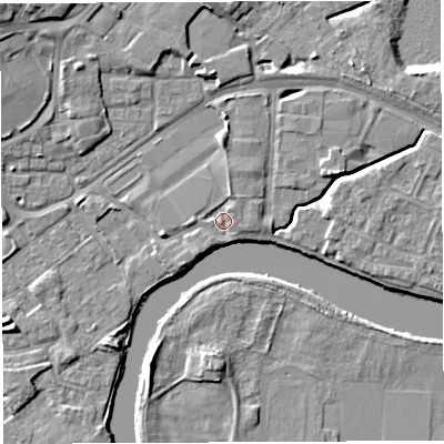 Shaded relief map of the ground around WA12DJ, computed from Environment Agency LiDAR. The ground here sits at about 8 m above sea level and falls 8 m across the surrounding 800 m. Surface water reaching this point runs off ground lying to the north-north-east, 1.6 m higher.