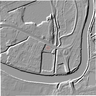 Shaded relief map of the ground around WA12DL, computed from Environment Agency LiDAR. The ground here sits at about 8 m above sea level and falls 6 m across the surrounding 800 m. Surface water reaching this point runs off ground lying to the west-south-west, 2.9 m higher.