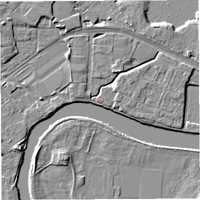 Shaded relief map of the ground around WA12DN, computed from Environment Agency LiDAR. The ground here sits at about 8 m above sea level and falls 5 m across the surrounding 800 m. Surface water reaching this point runs off ground lying to the north-east, 5.0 m higher.