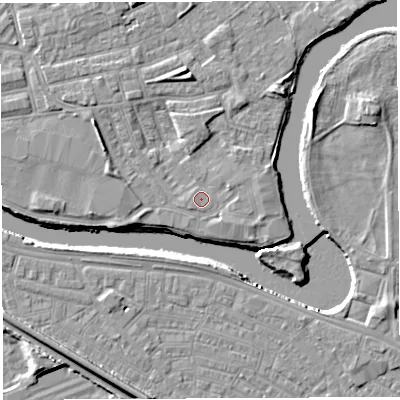 Shaded relief map of the ground around WA12DQ, computed from Environment Agency LiDAR. The ground here sits at about 8 m above sea level and falls 9 m across the surrounding 800 m. Surface water reaching this point runs off ground lying to the north-east, 0.8 m higher.