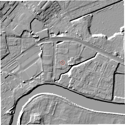 Shaded relief map of the ground around WA12DS, computed from Environment Agency LiDAR. The ground here sits at about 8 m above sea level and falls 7 m across the surrounding 800 m. Surface water reaching this point runs off ground lying to the east-south-east, 1.3 m higher.