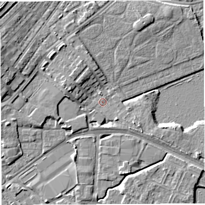 Shaded relief map of the ground around WA12DT, computed from Environment Agency LiDAR. The ground here sits at about 8 m above sea level and falls 12 m across the surrounding 800 m. Surface water reaching this point runs off ground lying to the west-north-west, 4.0 m higher.