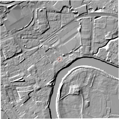 Shaded relief map of the ground around WA12DZ, computed from Environment Agency LiDAR. The ground here sits at about 8 m above sea level and falls 9 m across the surrounding 800 m. Surface water reaching this point runs off ground lying to the north-west, 7.6 m higher.