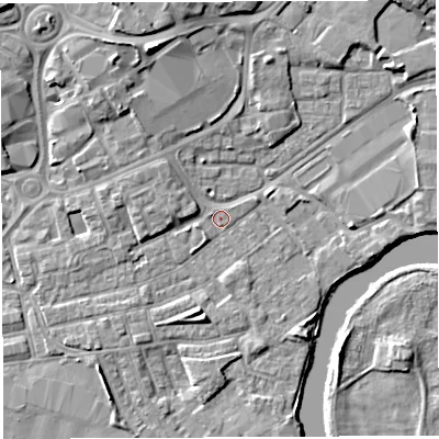 Shaded relief map of the ground around WA12EE, computed from Environment Agency LiDAR. The ground here sits at about 8 m above sea level and falls 13 m across the surrounding 800 m. Surface water reaching this point runs off ground lying to the west-north-west, 2.7 m higher.
