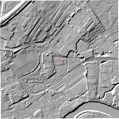 Shaded relief map of the ground around WA12EG, computed from Environment Agency LiDAR. The ground here sits at about 9 m above sea level and falls 14 m across the surrounding 800 m. Surface water reaching this point runs off ground lying to the north-north-west, 7.2 m higher.